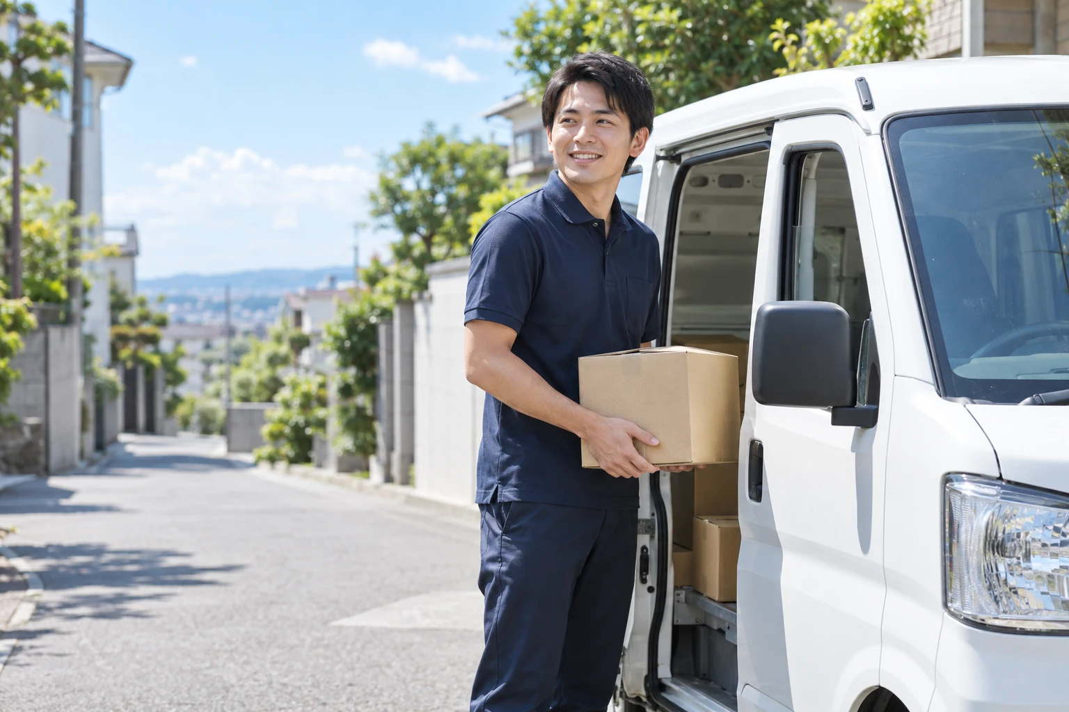 軽貨物車両のそばで荷物を持つドライバーのイメージ
